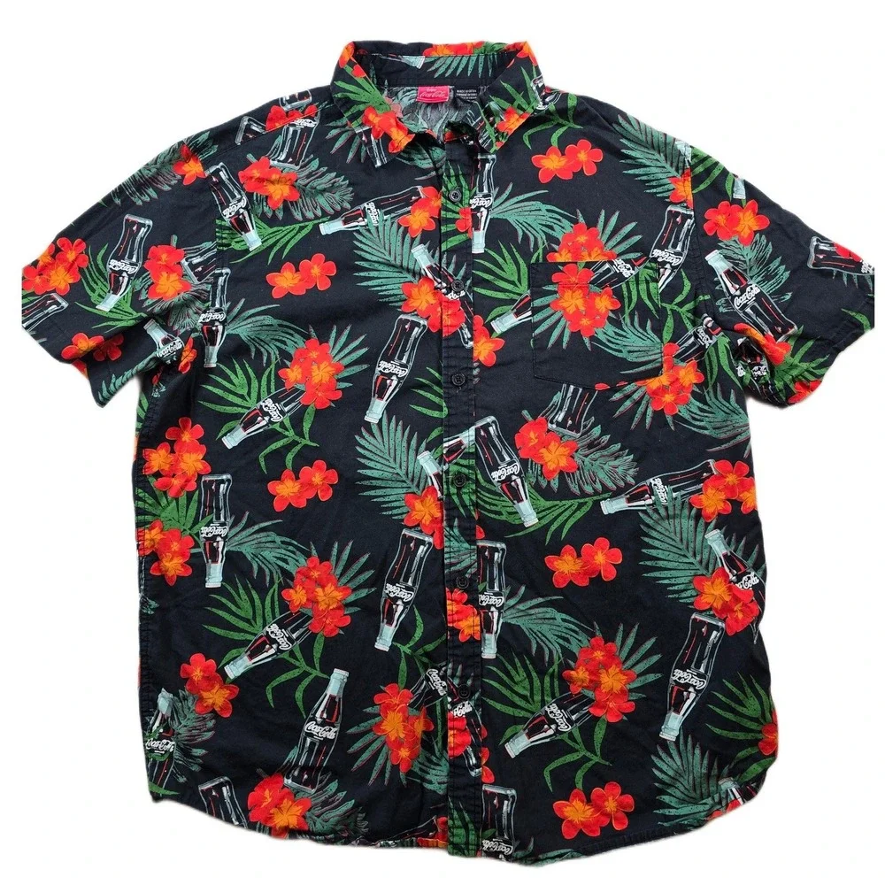 Coca-Cola Camp Shirt Mens Large Black Tropical Aloha Floral Button Vintage